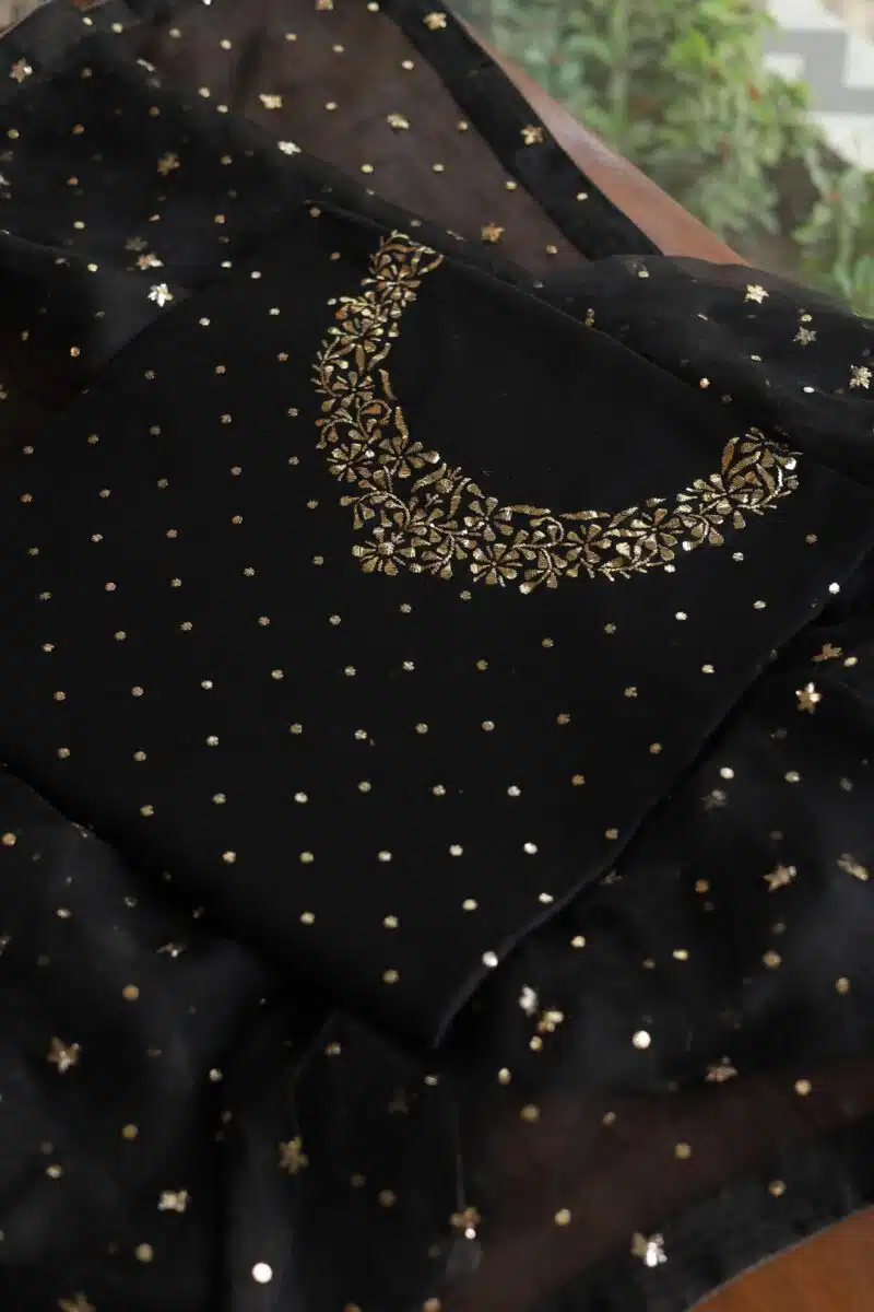 Black Chanderi Silk Mukaish Badla Unstitched Fabrics