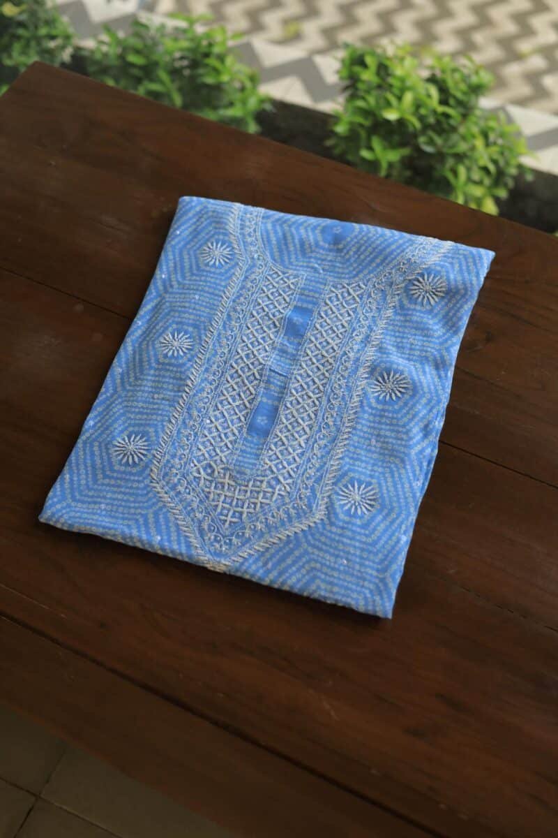 Sky Blue Muslin Chikankari Unstitched Kurta Fabrics