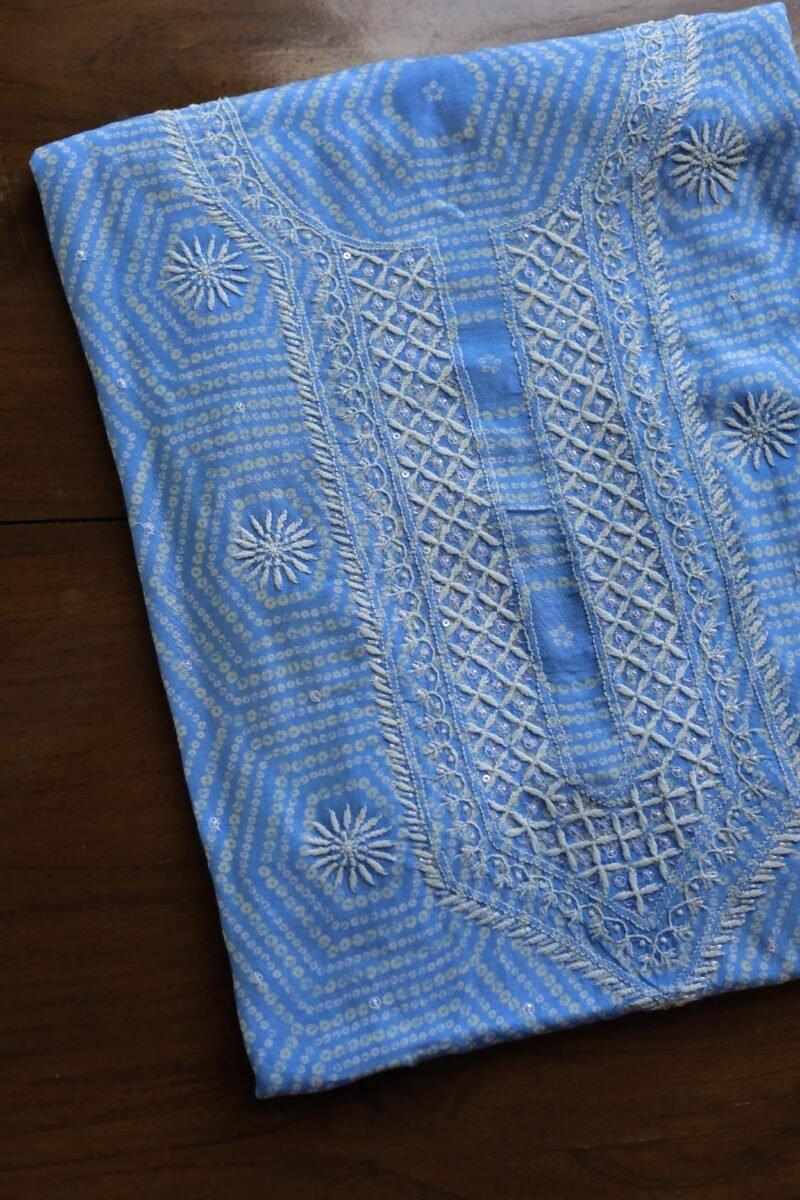 Sky Blue Muslin Chikankari Unstitched Kurta Fabrics