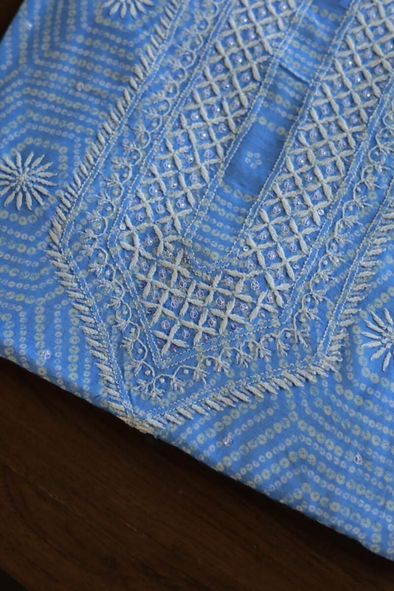 Sky Blue Muslin Chikankari Unstitched Kurta Fabrics