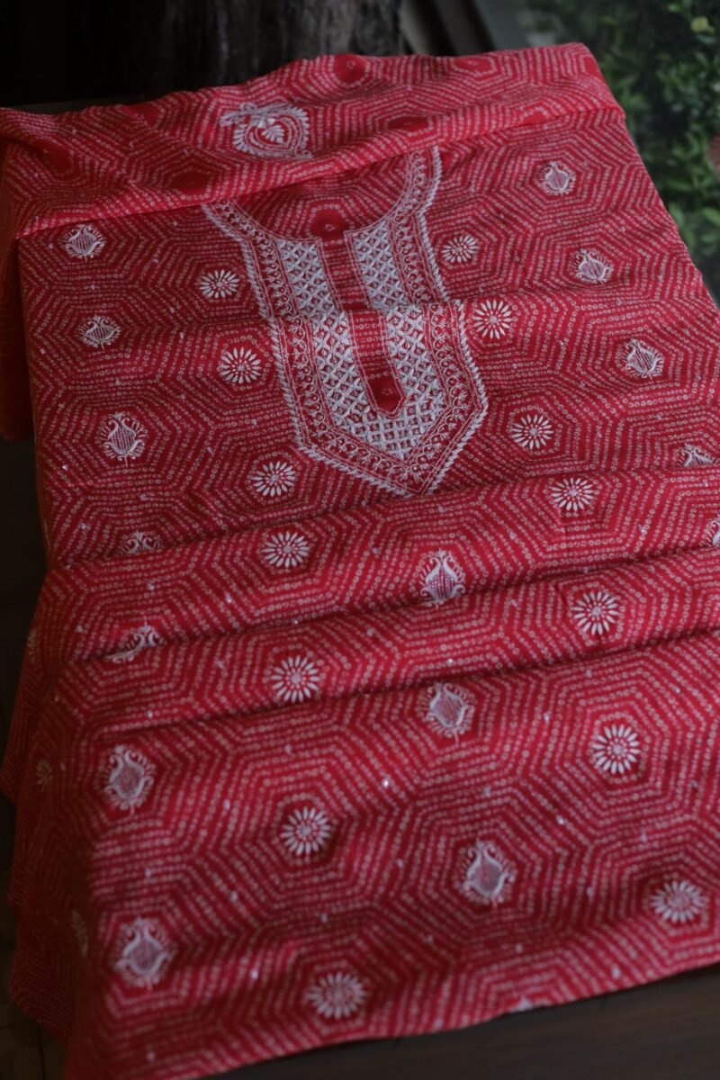 Carrot Pink Muslin Chikankari Unstitched Kurta Fabrics