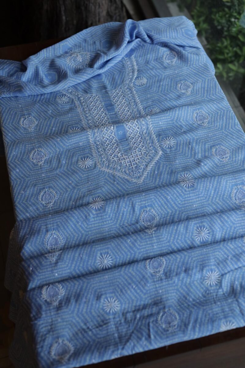 Sky Blue Muslin Chikankari Unstitched Kurta Fabrics