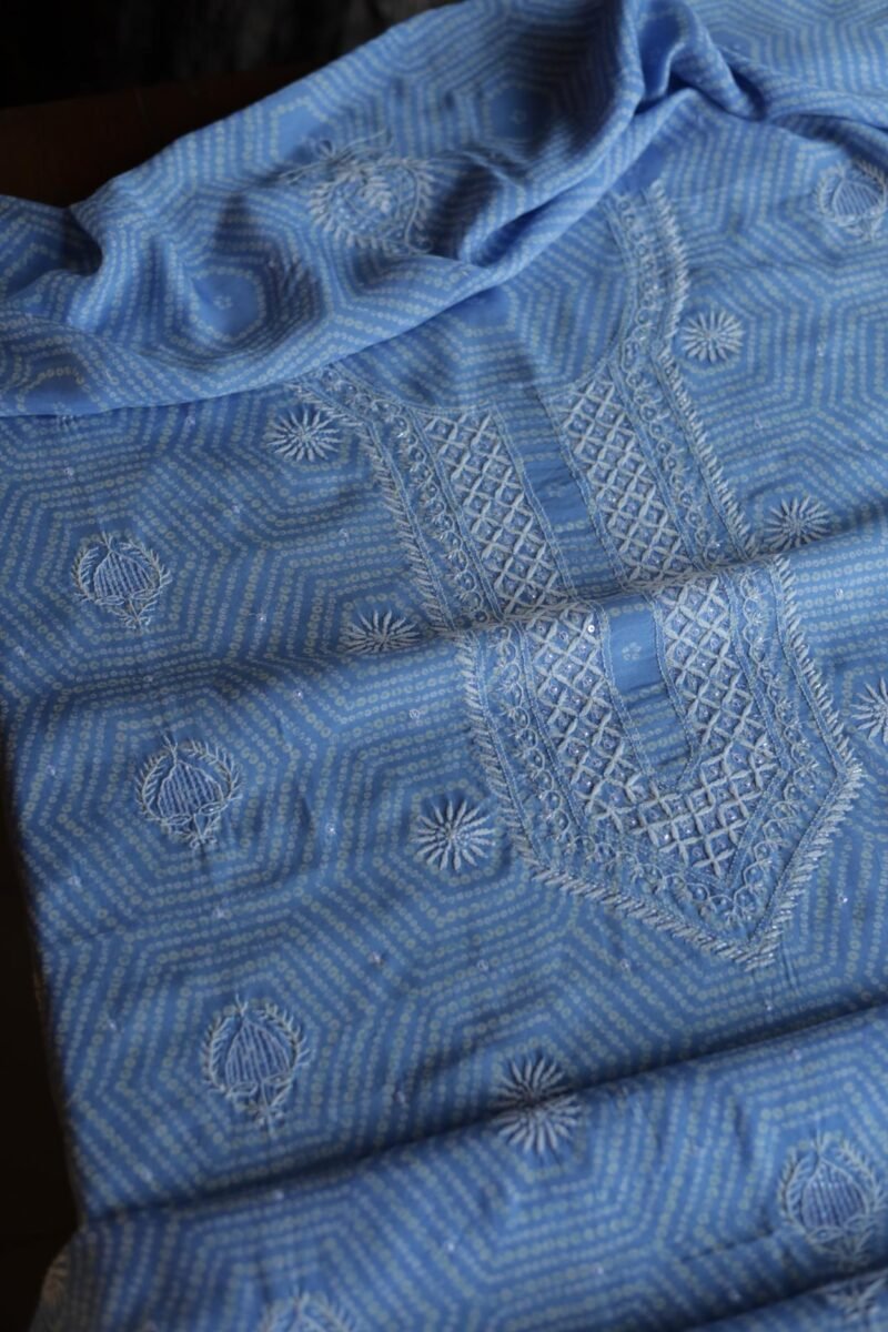 Sky Blue Muslin Chikankari Unstitched Kurta Fabrics