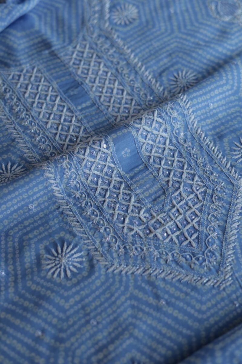 Sky Blue Muslin Chikankari Unstitched Kurta Fabrics