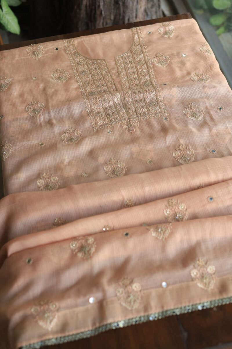 Peach Handloom Kota Chikankari With Mirror Work Unstitched Kurta Dupatta Set