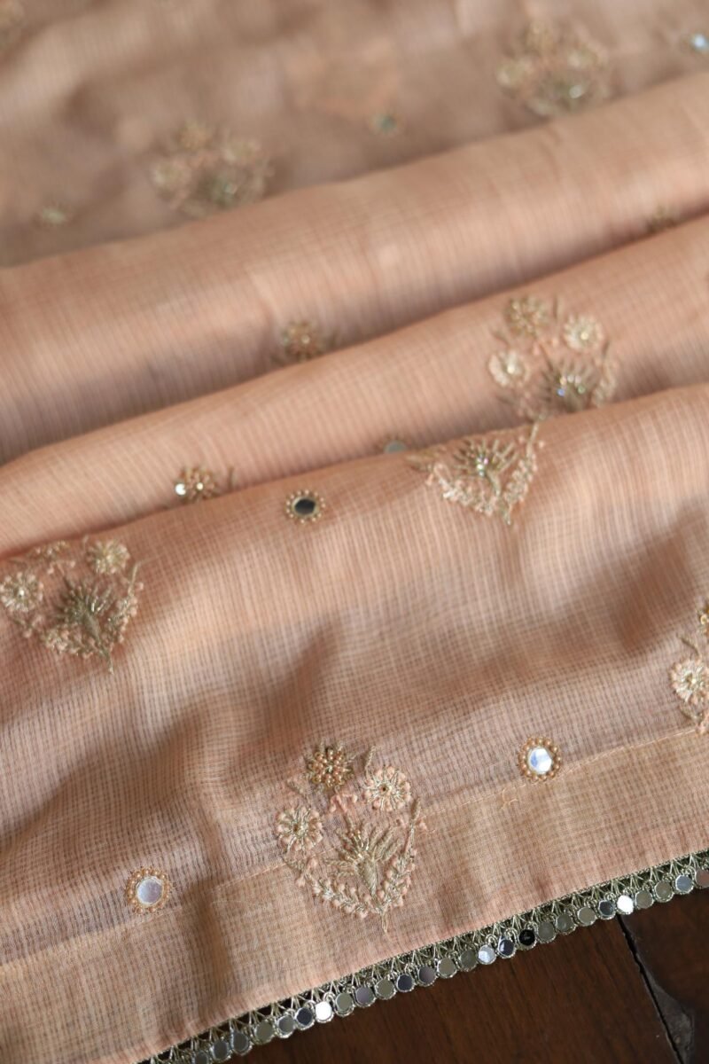 Peach Handloom Kota Chikankari With Mirror Work Unstitched Kurta Dupatta Set
