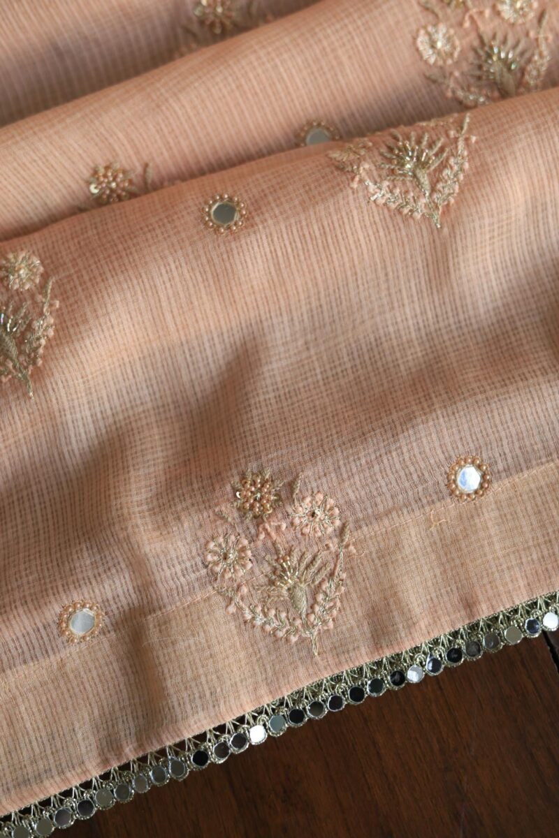 Peach Handloom Kota Chikankari With Mirror Work Unstitched Kurta Dupatta Set