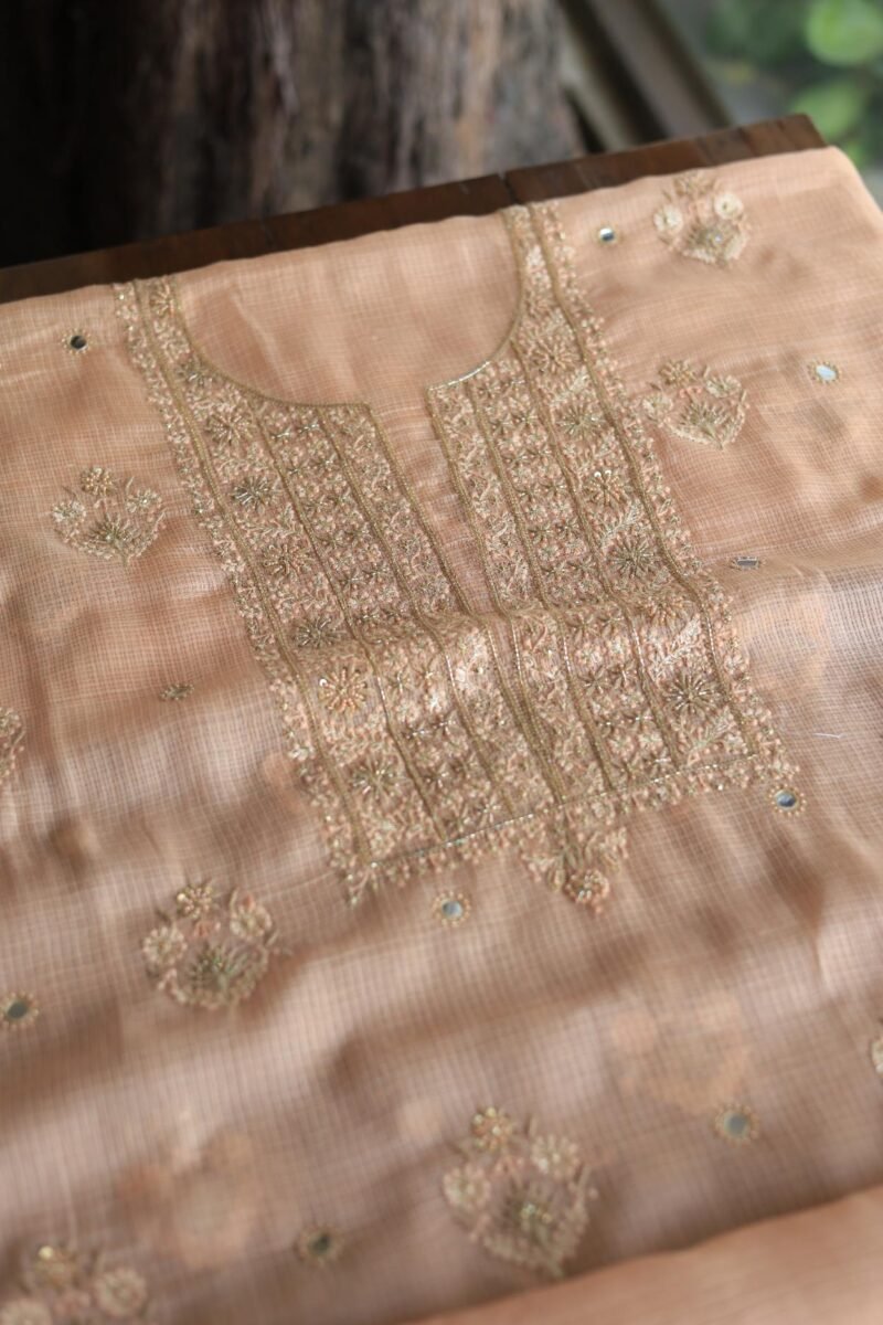 Peach Handloom Kota Chikankari With Mirror Work Unstitched Kurta Dupatta Set