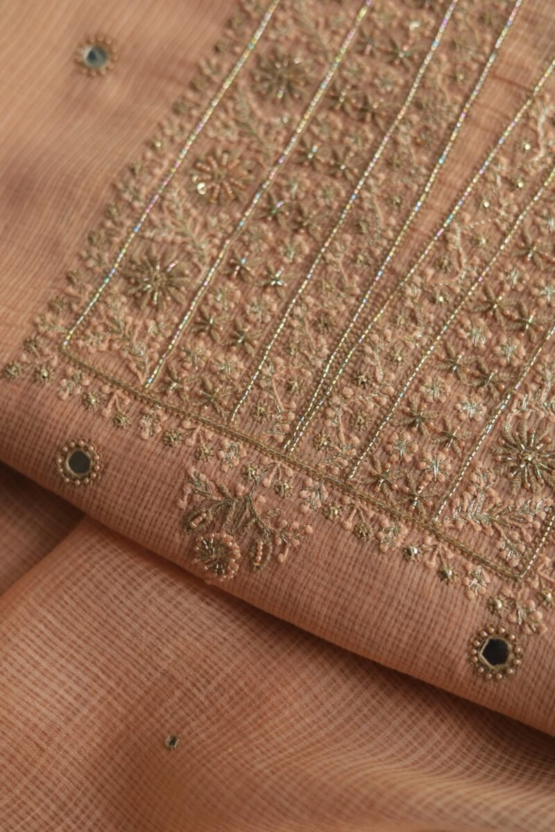 Peach Handloom Kota Chikankari With Mirror Work Unstitched Kurta Dupatta Set