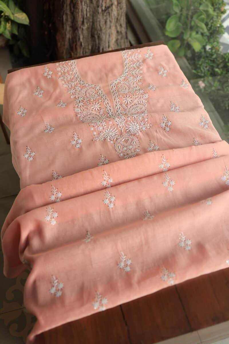 Peach Mal Cotton Chikankari Unstitched Kurta Dupatta Fabrics With Kamdani