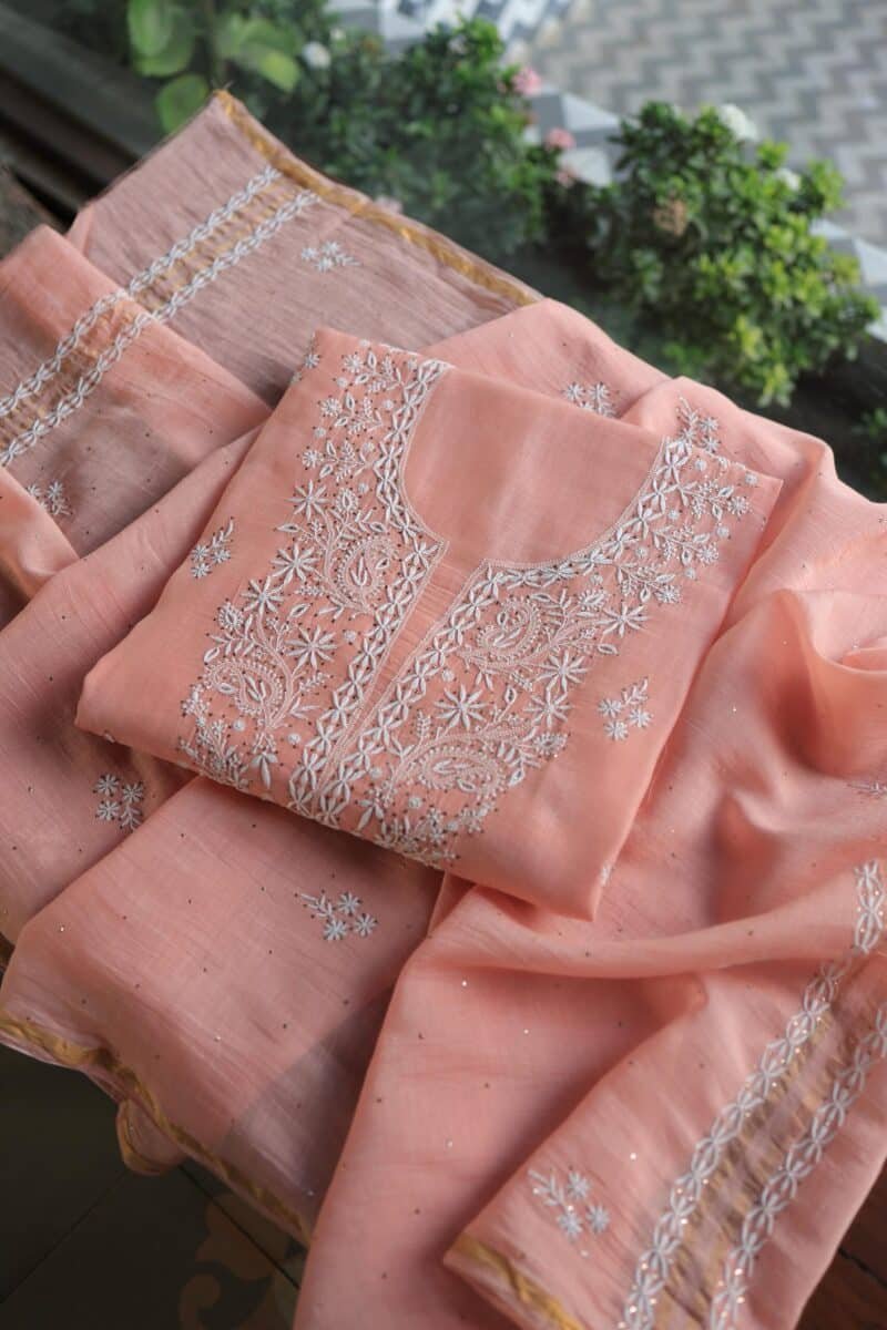 Peach Mal Cotton Chikankari Unstitched Kurta Dupatta Fabrics With Kamdani