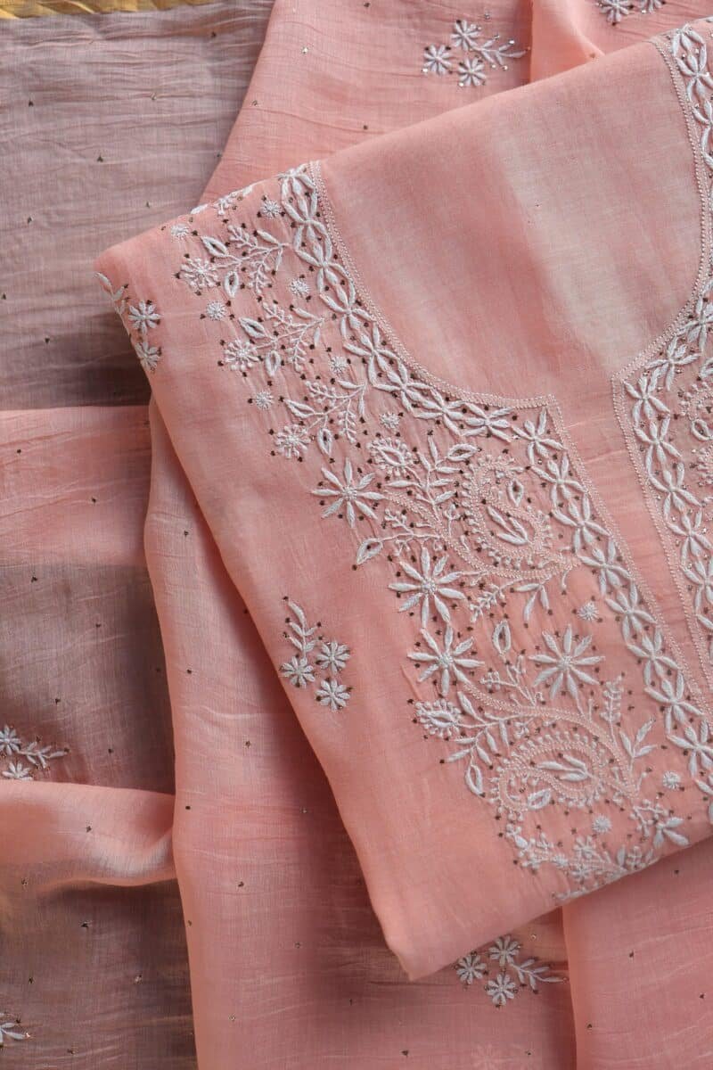 Peach Mal Cotton Chikankari Unstitched Kurta Dupatta Fabrics With Kamdani