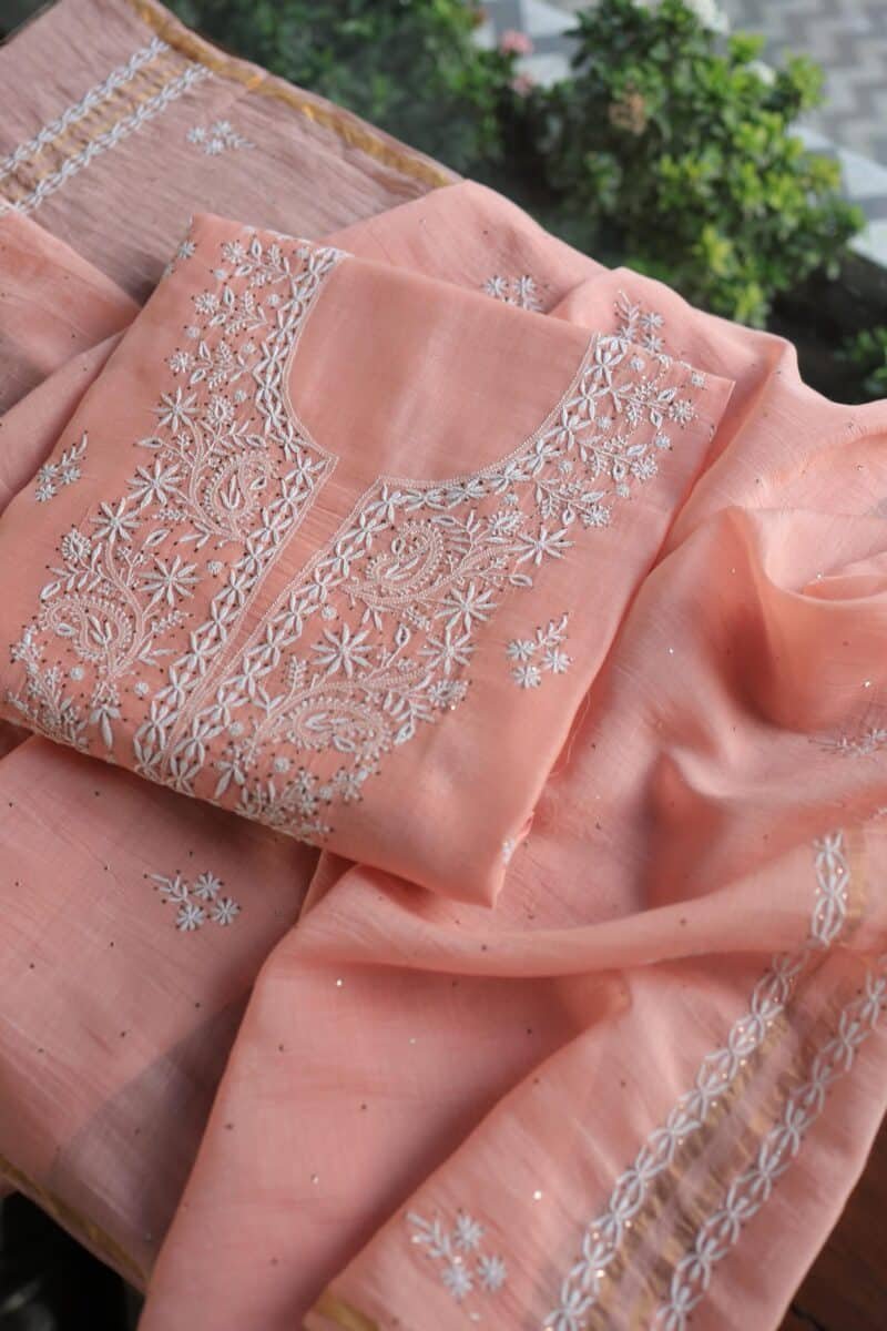 Peach Mal Cotton Chikankari Unstitched Kurta Dupatta Fabrics With Kamdani