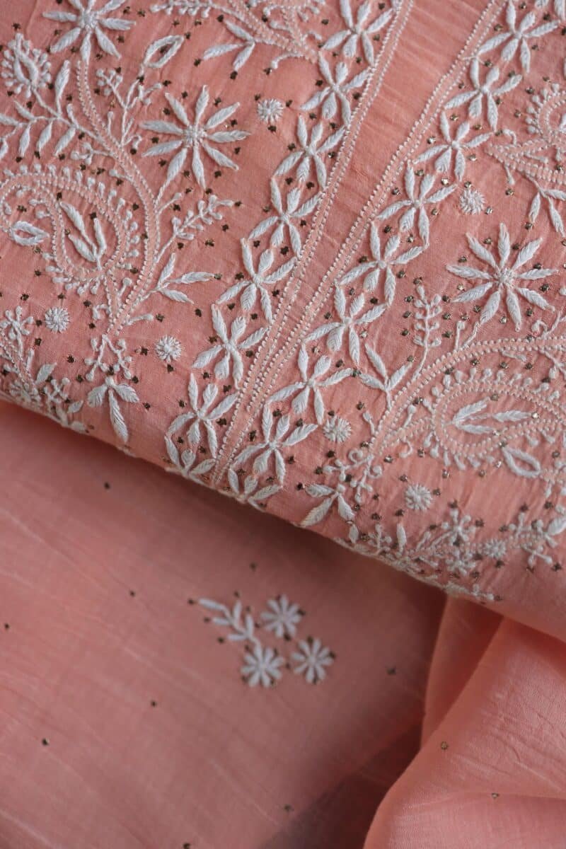 Peach Mal Cotton Chikankari Unstitched Kurta Dupatta Fabrics With Kamdani