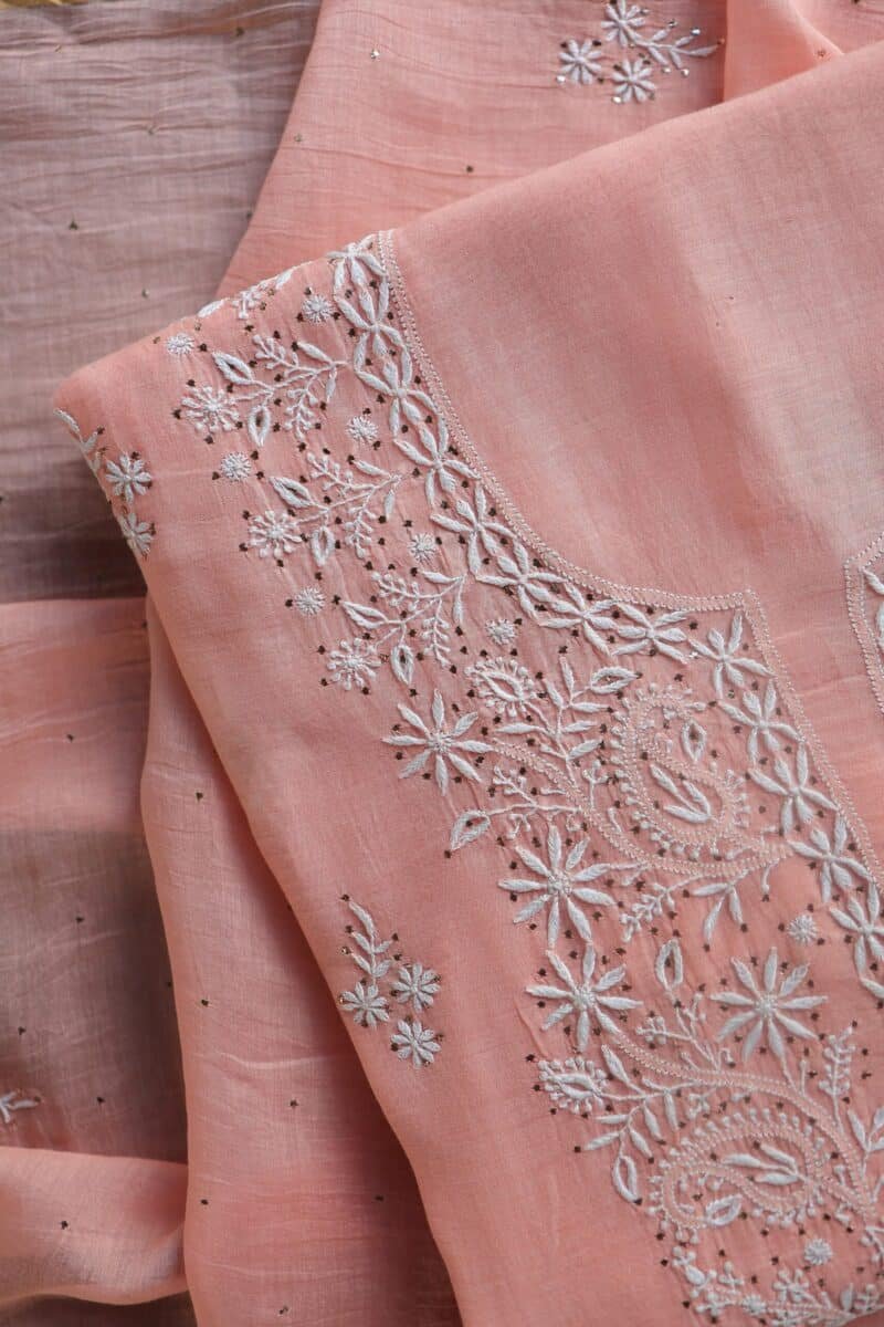 Peach Mal Cotton Chikankari Unstitched Kurta Dupatta Fabrics With Kamdani