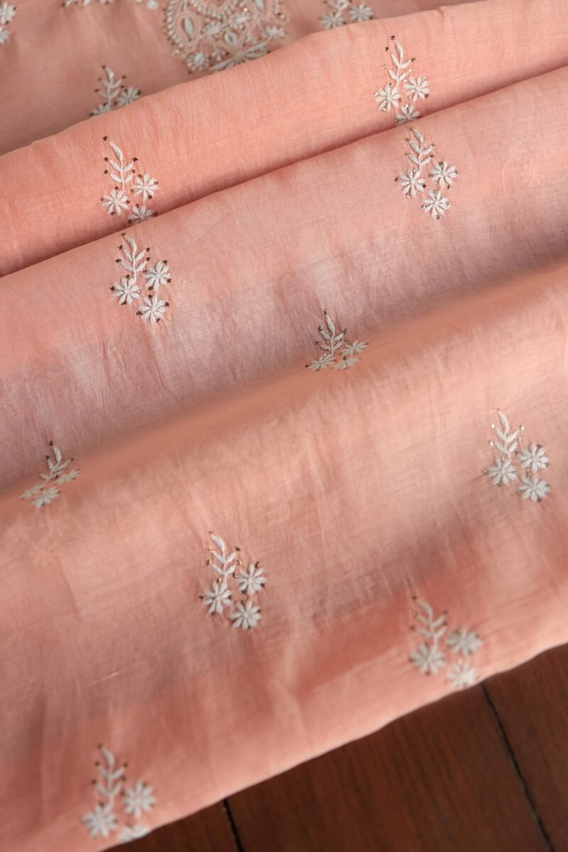 Peach Mal Cotton Chikankari Unstitched Kurta Dupatta Fabrics With Kamdani