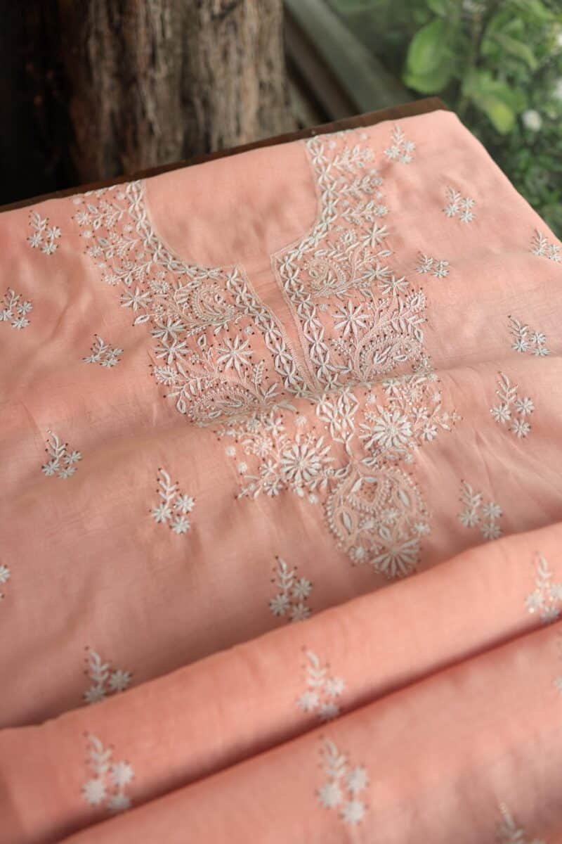 Peach Mal Cotton Chikankari Unstitched Kurta Dupatta Fabrics With Kamdani