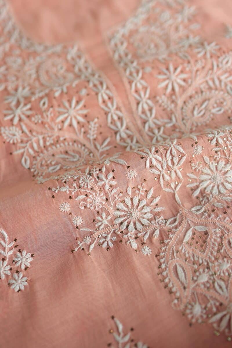 Peach Mal Cotton Chikankari Unstitched Kurta Dupatta Fabrics With Kamdani