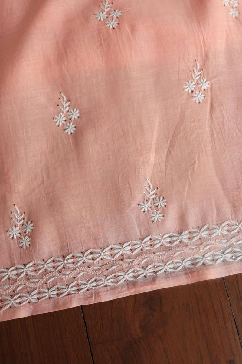 Peach Mal Cotton Chikankari Unstitched Kurta Dupatta Fabrics With Kamdani
