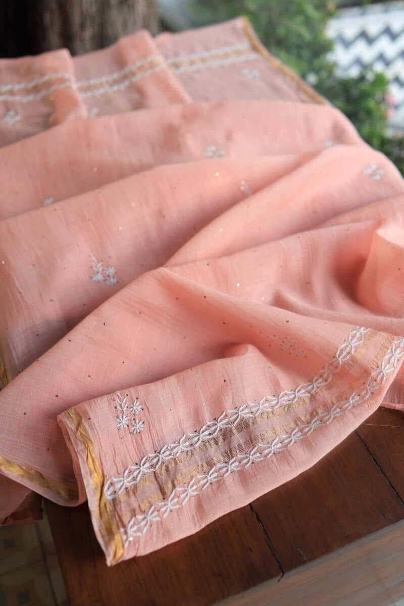 Peach Mal Cotton Chikankari Unstitched Kurta Dupatta Fabrics With Kamdani