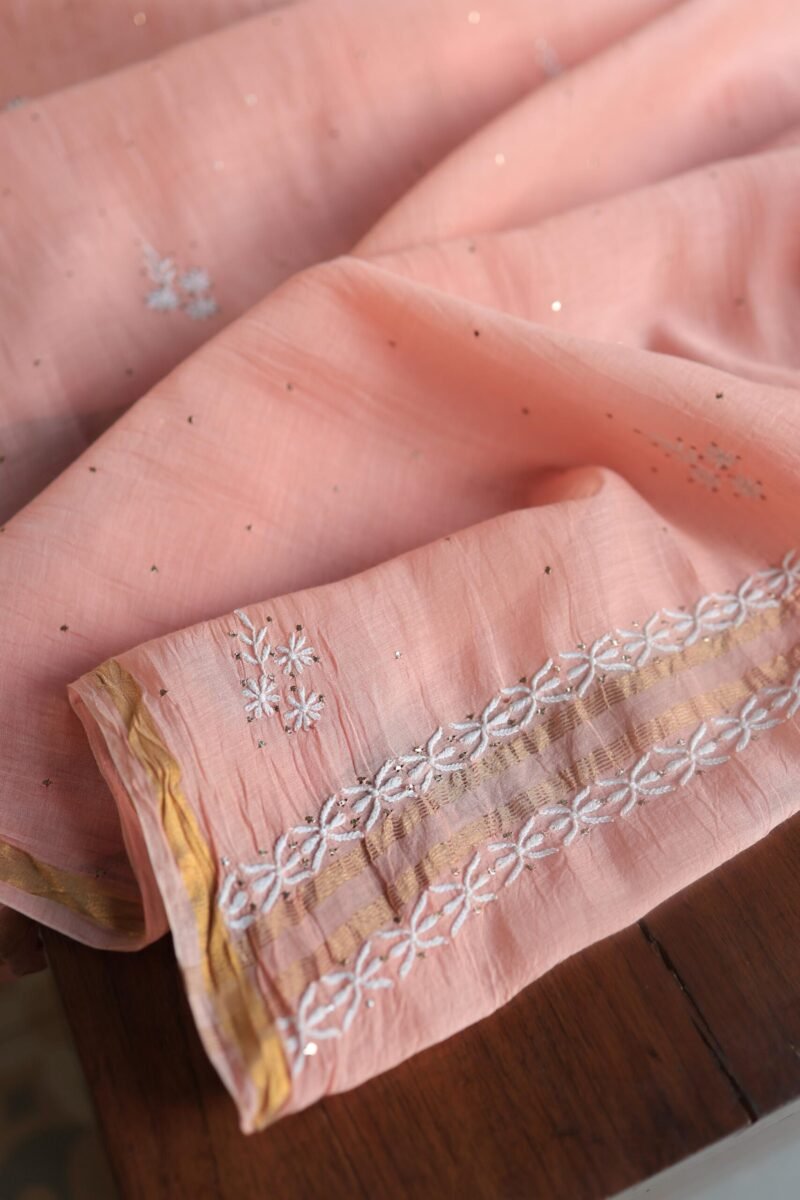 Peach Mal Cotton Chikankari Unstitched Kurta Dupatta Fabrics With Kamdani