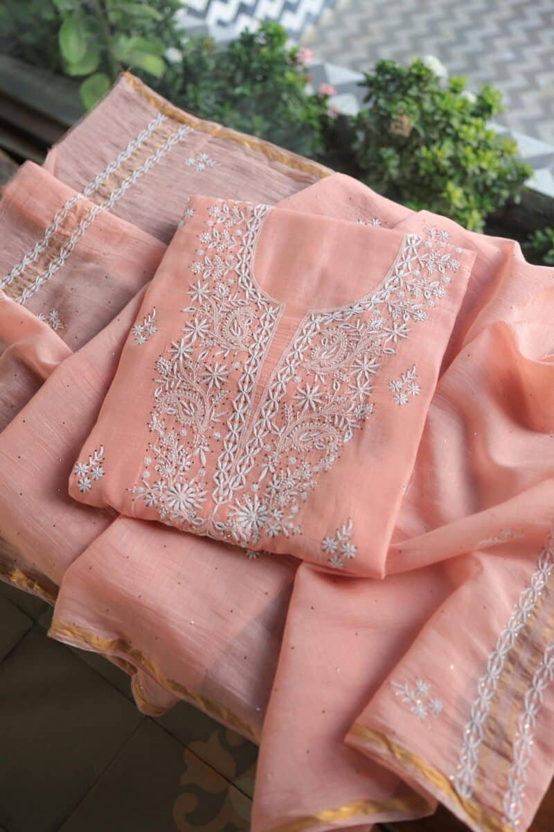 Peach Mal Cotton Chikankari Unstitched Kurta Dupatta Fabrics With Kamdani