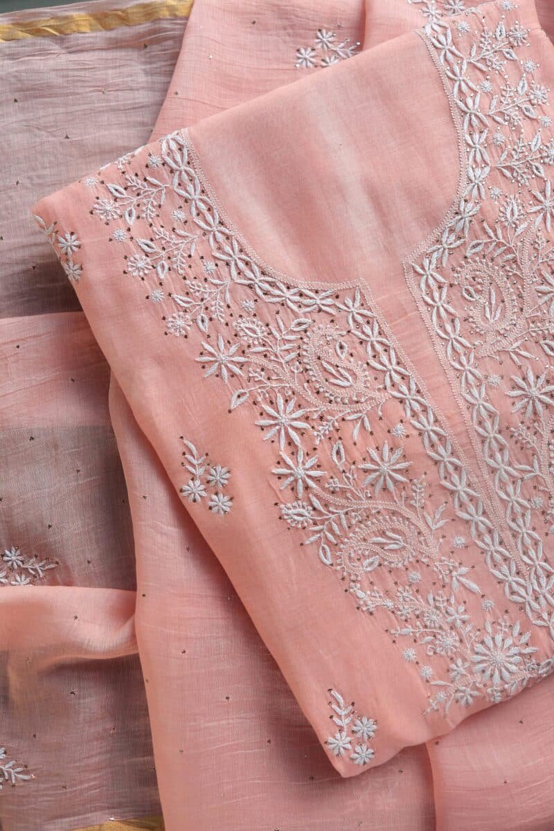 Peach Mal Cotton Chikankari Unstitched Kurta Dupatta Fabrics With Kamdani