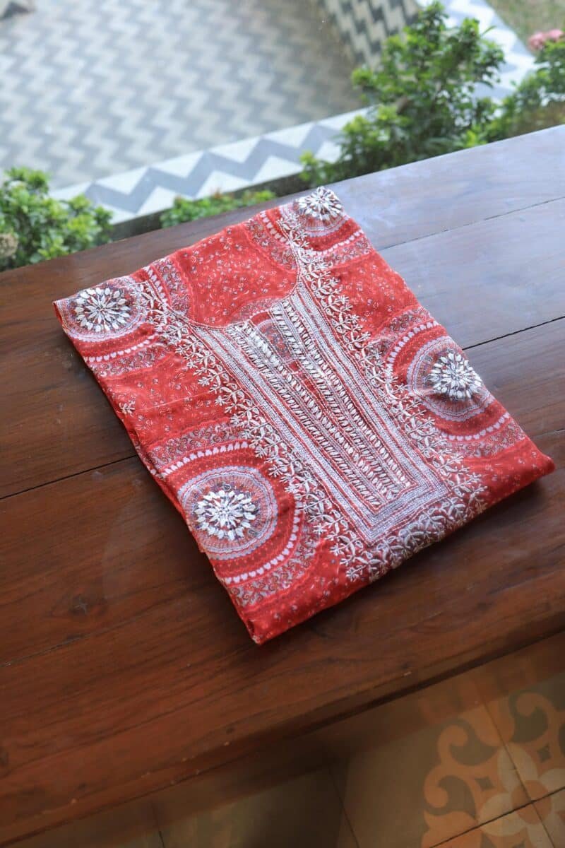 Carrot Pink Muslin Chikankari Unstitched Kurta Fabrics