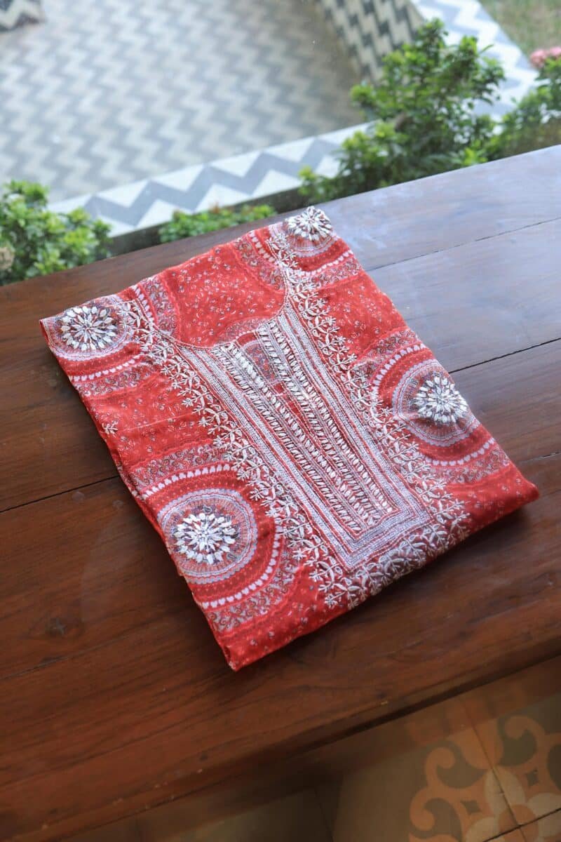 Carrot Pink Muslin Chikankari Unstitched Kurta Fabrics