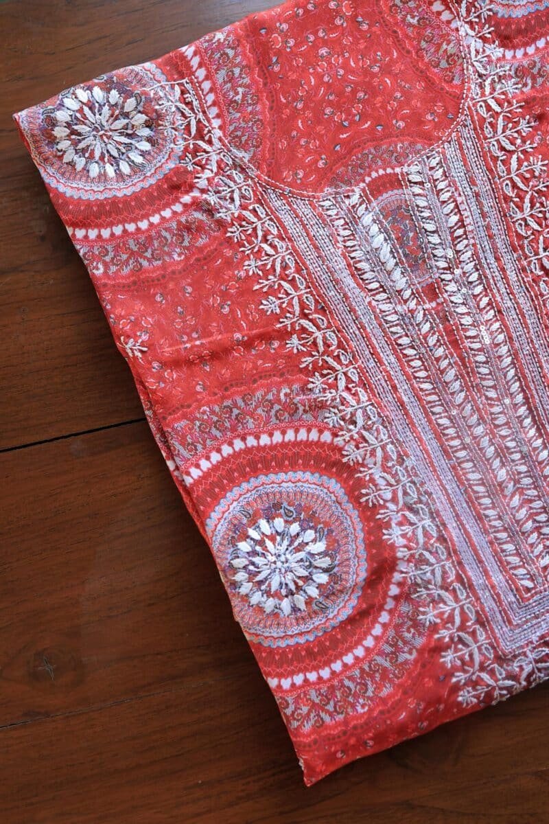 Carrot Pink Muslin Chikankari Unstitched Kurta Fabrics