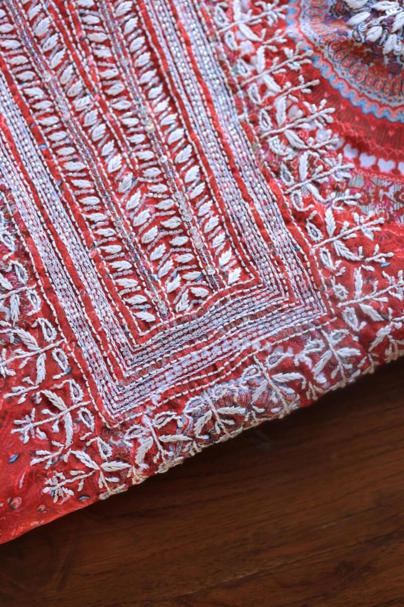 Carrot Pink Muslin Chikankari Unstitched Kurta Fabrics