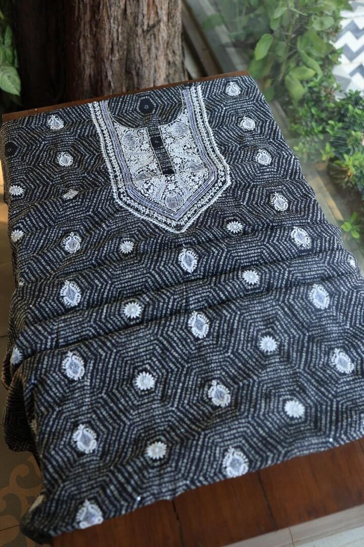 Black Muslin Chikankari Kurta Fabrics