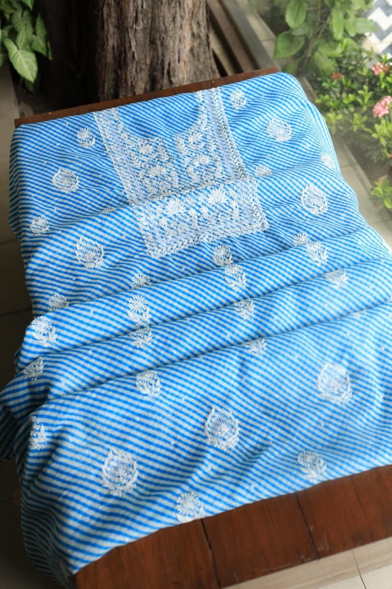 Blue Kota Cotton Chikankari Unstitched Kurta Fabrics
