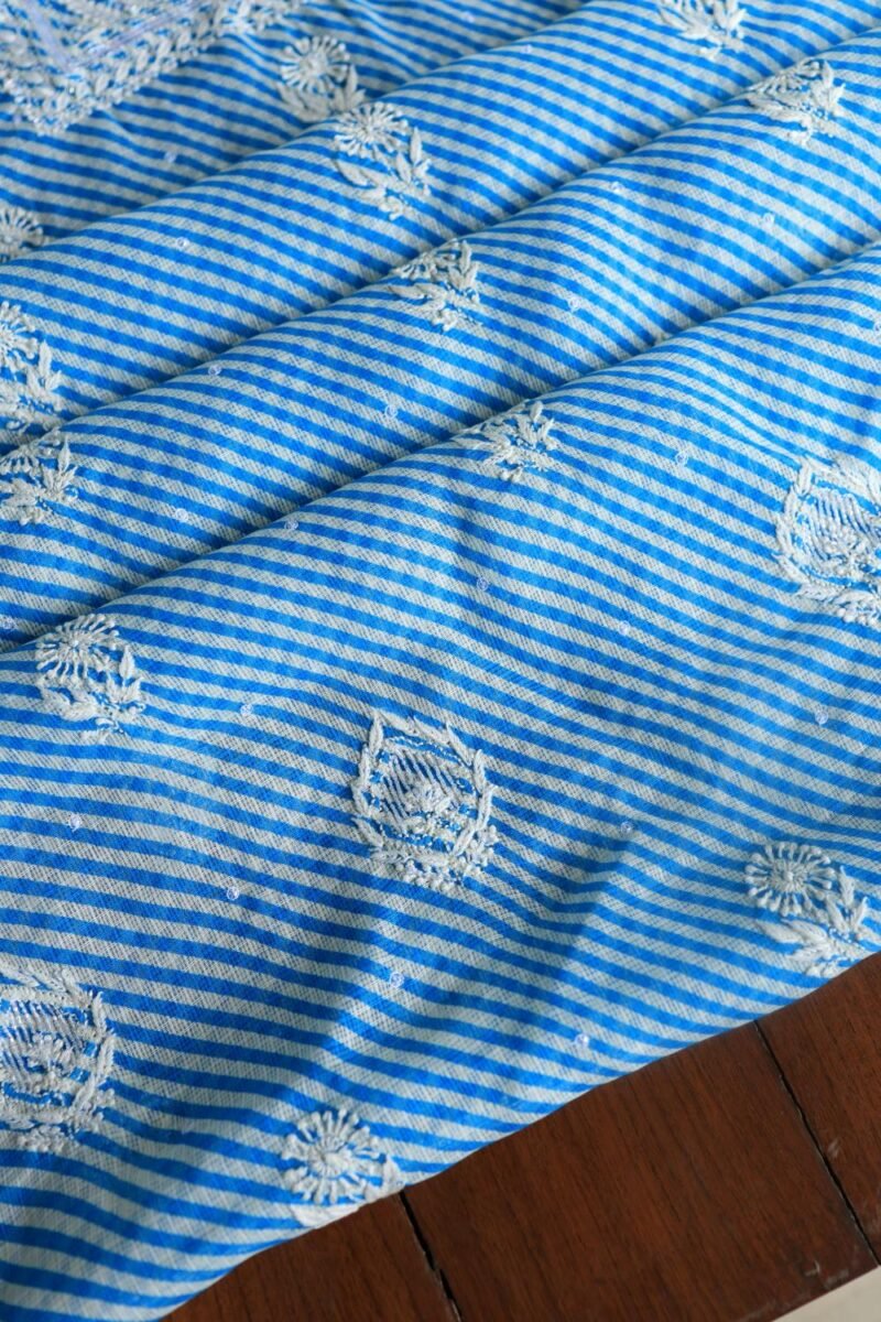 Blue Kota Cotton Chikankari Unstitched Kurta Fabrics