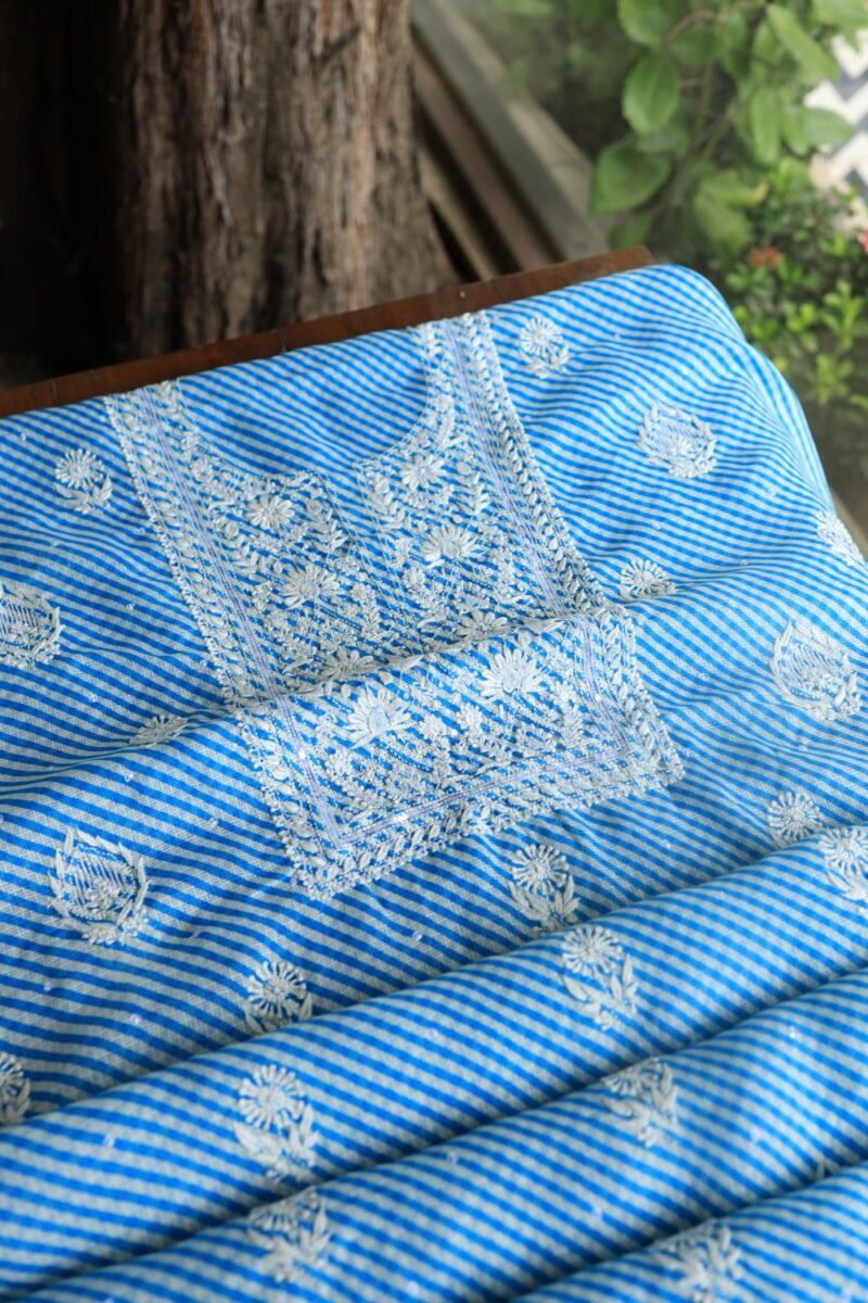 Blue Kota Cotton Chikankari Unstitched Kurta Fabrics