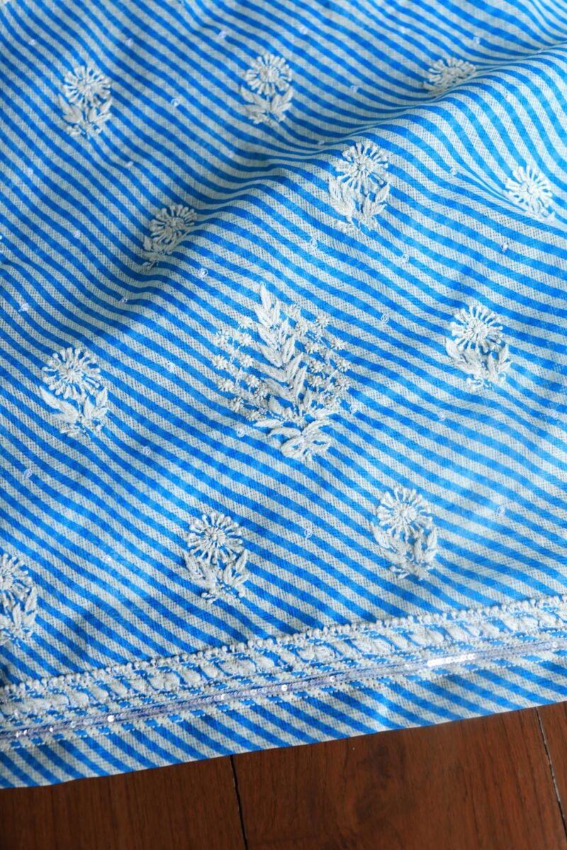 Blue Kota Cotton Chikankari Unstitched Kurta Fabrics
