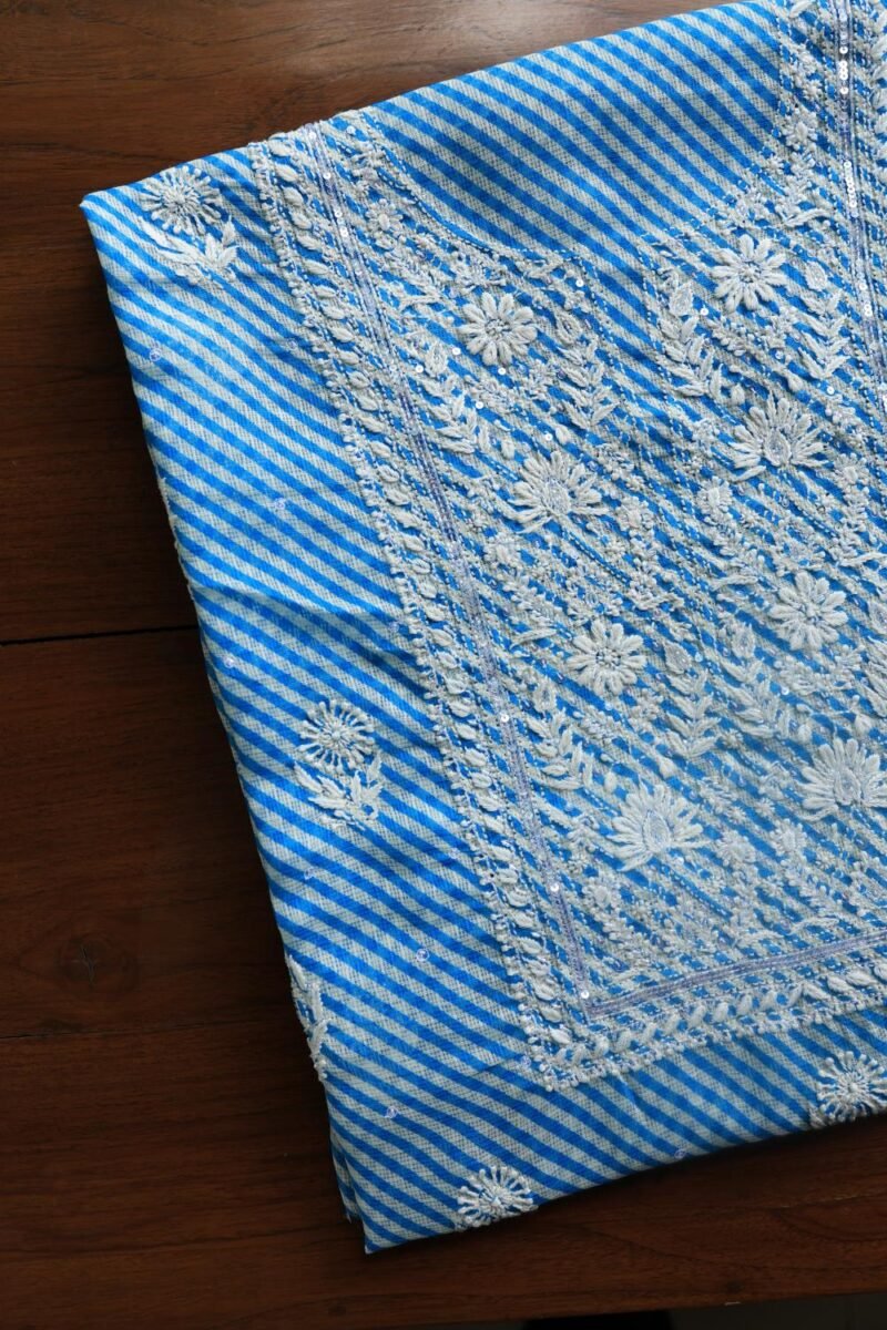 Blue Kota Cotton Chikankari Unstitched Kurta Fabrics
