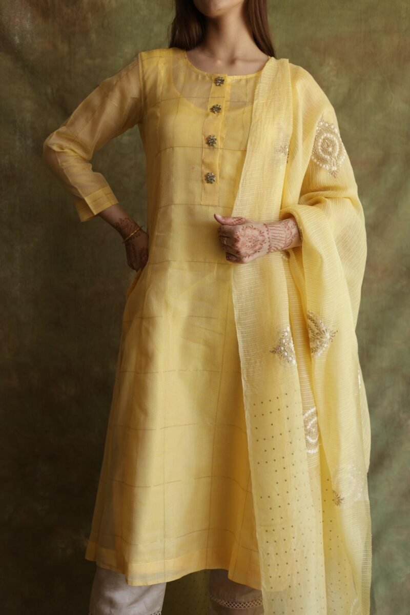 Butter Yellow Zari Kota Ready to Wear Kurta Set
