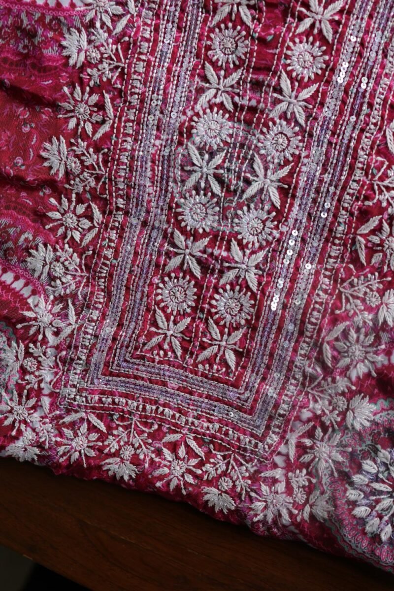 Magenta Muslin Chikankari Unstitched Kurta Fabrics