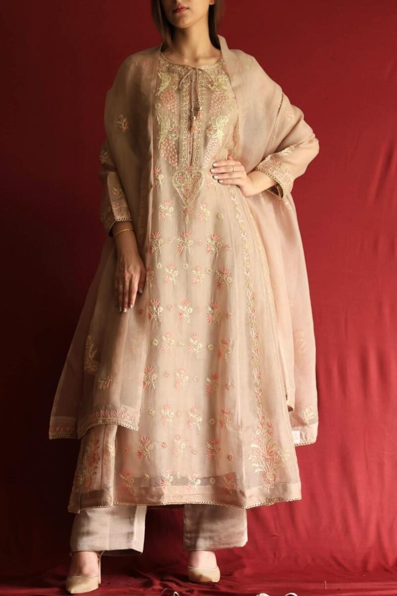 Pastel Beige Noor Organza Chikankari Anarkali With Dupatta