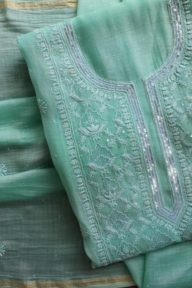 Sea Green Malmals Pearl Work Chikankari Fabrics