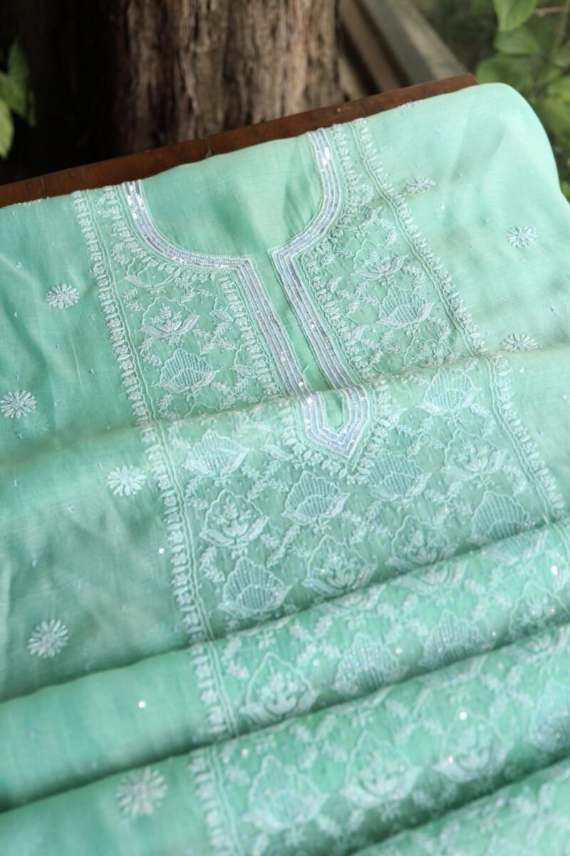 Sea Green Malmals Pearl Work Chikankari Fabrics
