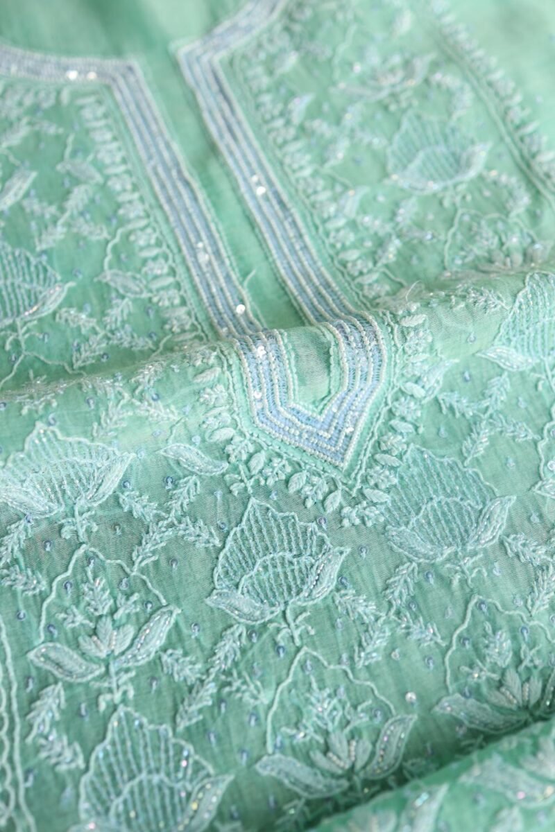 Sea Green Malmals Pearl Work Chikankari Fabrics