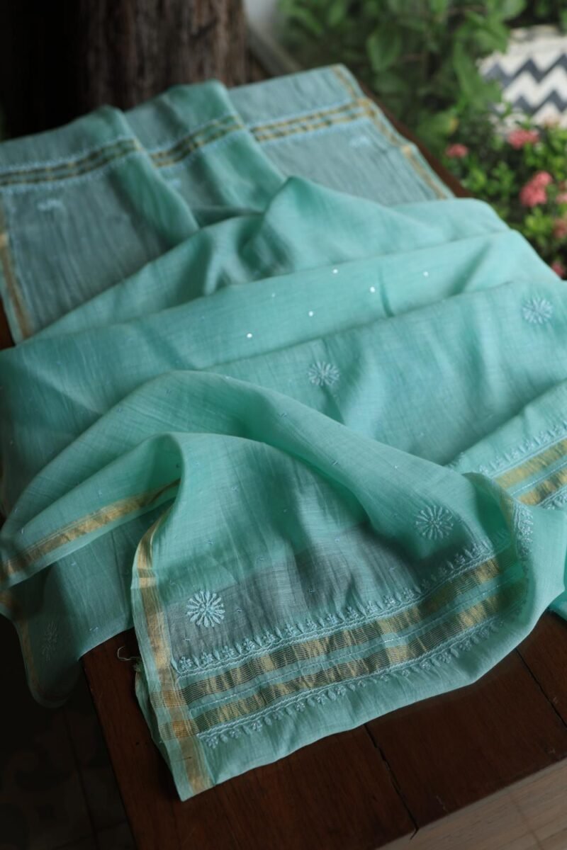 Sea Green Malmals Pearl Work Chikankari Fabrics