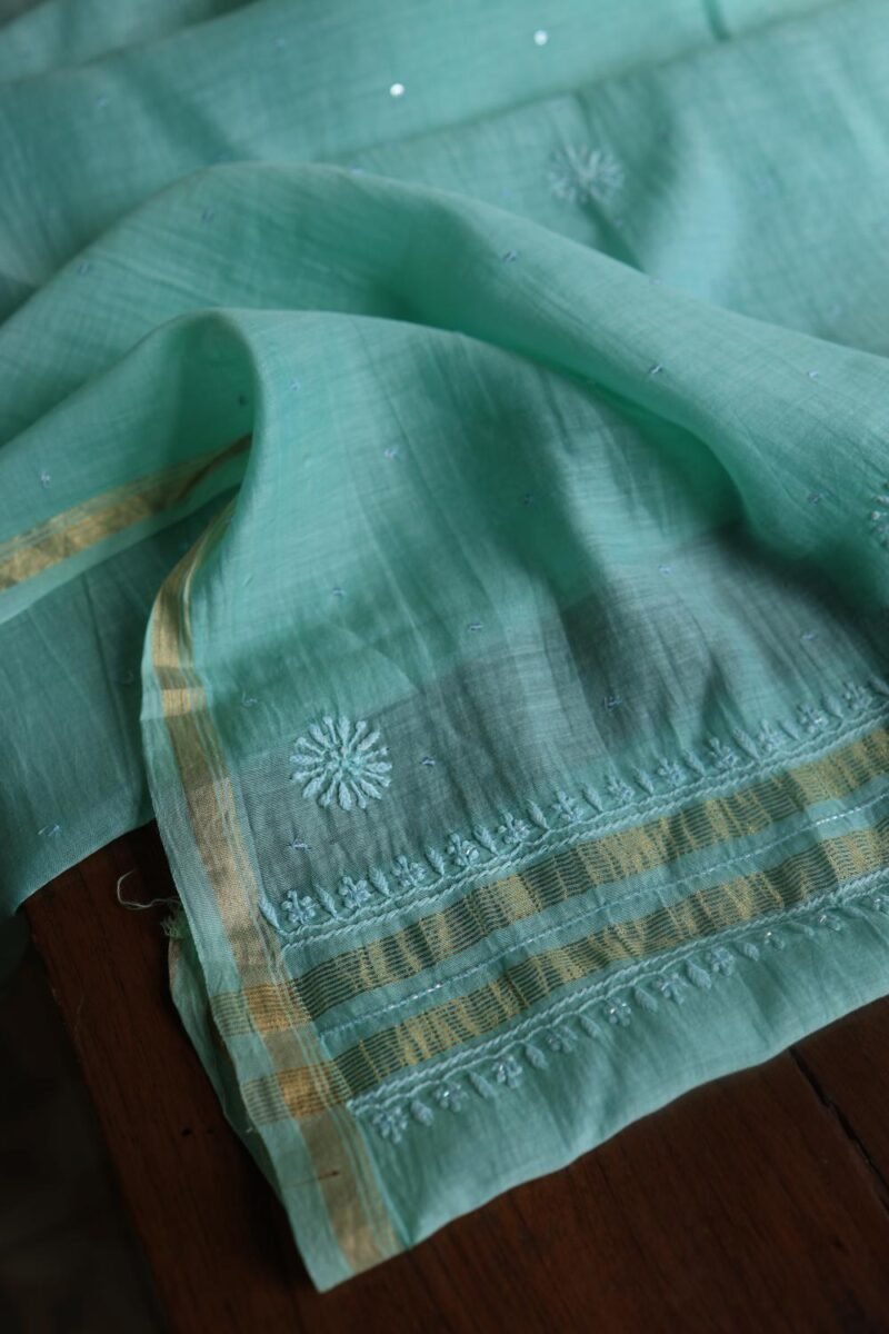 Sea Green Malmals Pearl Work Chikankari Fabrics