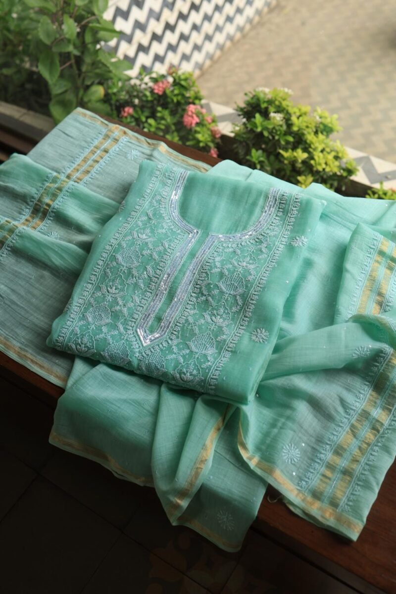 Sea Green Malmals Pearl Work Chikankari Fabrics