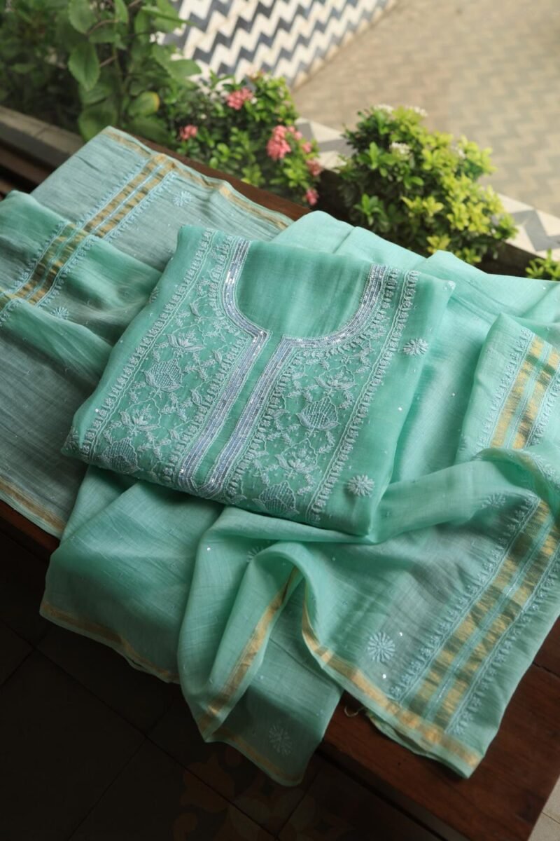 Sea Green Malmals Pearl Work Chikankari Fabrics