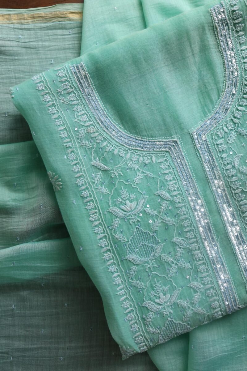 Sea Green Malmals Pearl Work Chikankari Fabrics