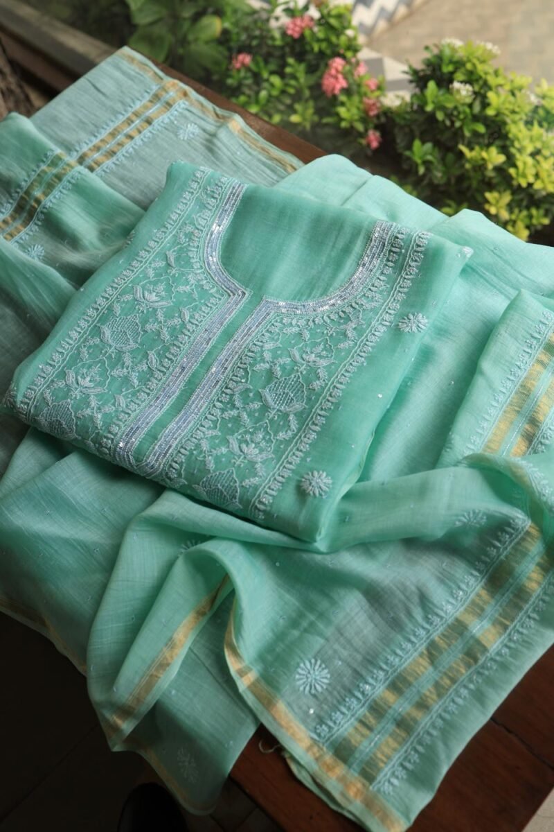 Sea Green Malmals Pearl Work Chikankari Fabrics