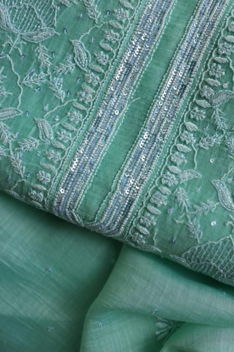 Sea Green Malmals Pearl Work Chikankari Fabrics